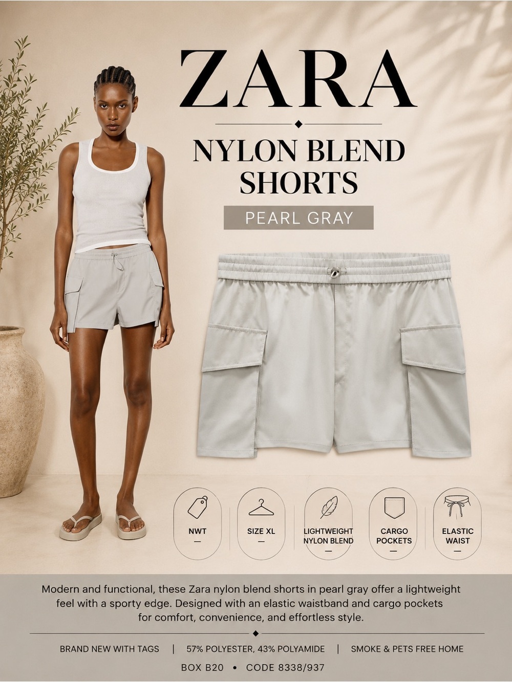 Zara Pearl Gray Nylon Blend Shorts Size XL NWT Lightweight Cargo Pocket Shorts